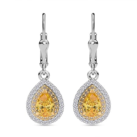 Yellow Cubic Zirconia, White Cubic Zirconia Halo Drop Earrings in Rhodium Overlay Sterling Silver 3.53 ct.