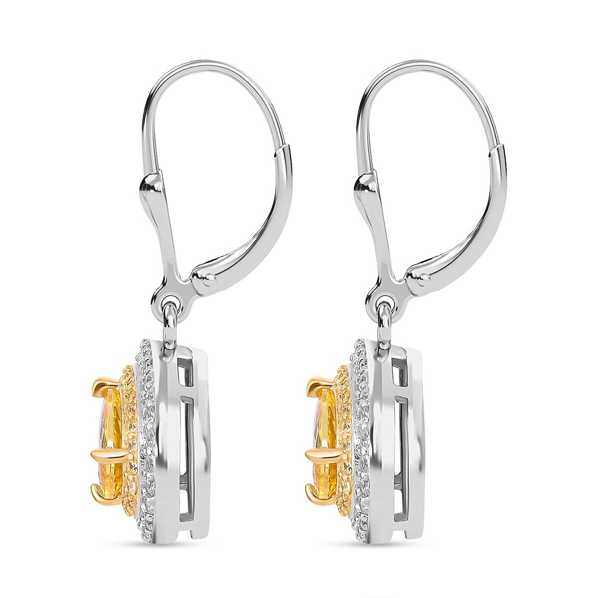 Yellow Cubic Zirconia, White Cubic Zirconia Lever Back Earring in Rhodium Overlay Sterling Silver 3.53 Ct.