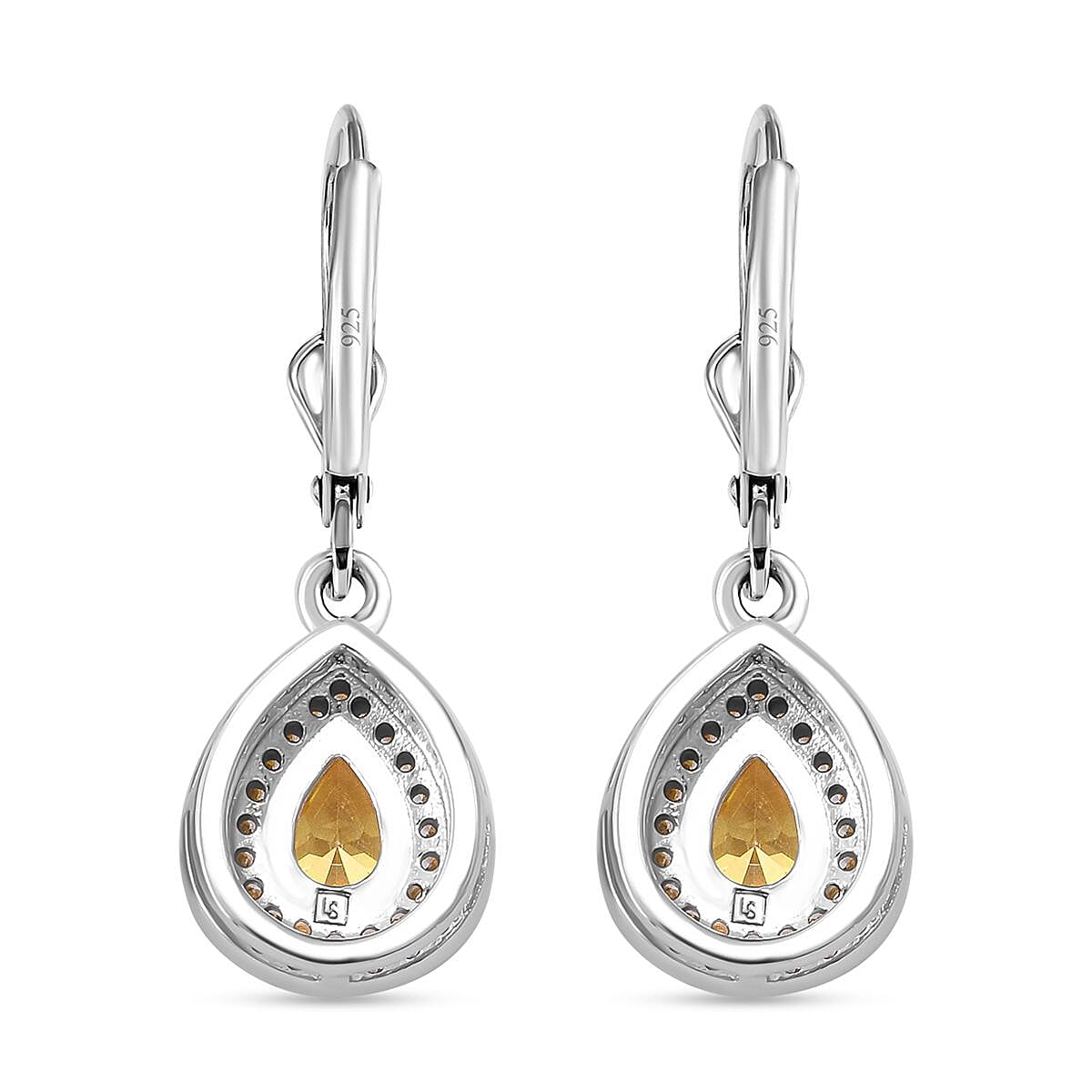 Yellow Cubic Zirconia, White Cubic Zirconia Lever Back Earring in Rhodium Overlay Sterling Silver 3.53 Ct.