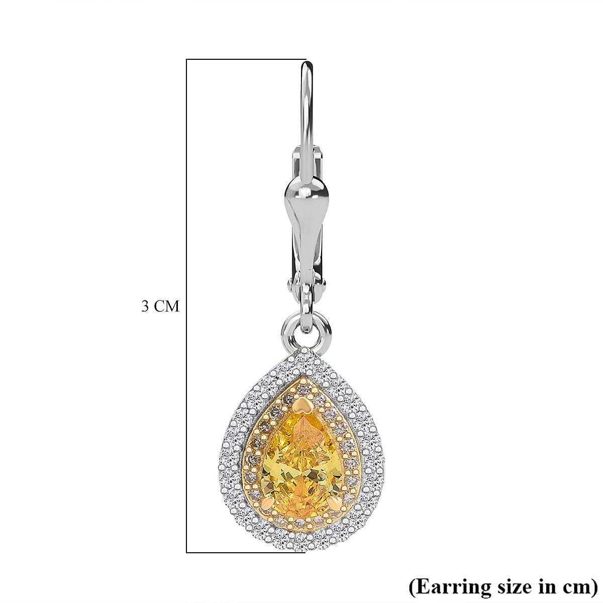Yellow Cubic Zirconia, White Cubic Zirconia Lever Back Earring in Rhodium Overlay Sterling Silver 3.53 Ct.