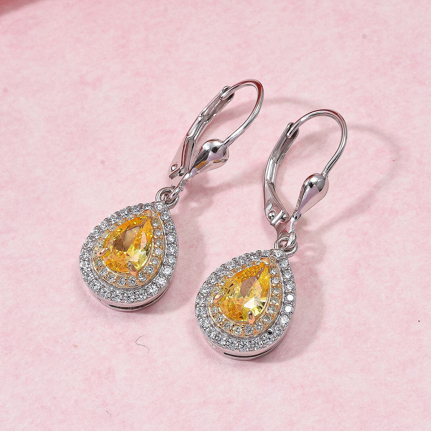 Yellow Cubic Zirconia, White Cubic Zirconia Lever Back Earring in Rhodium Overlay Sterling Silver 3.53 Ct.