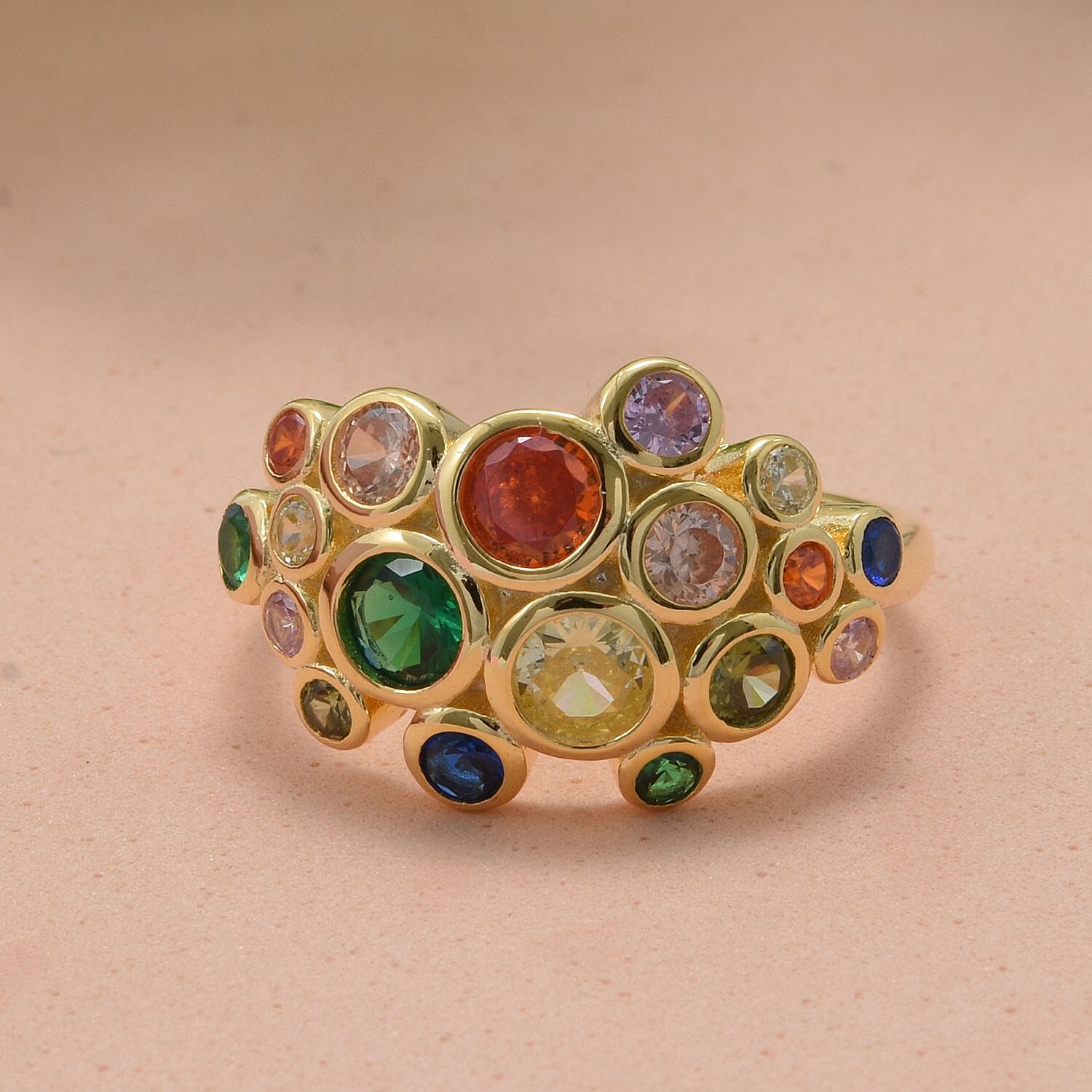 Multi Color Cubic Zirconia Ring in 18K Yellow Gold Vermeil Plating Sterling Silver 3.11 Ct.