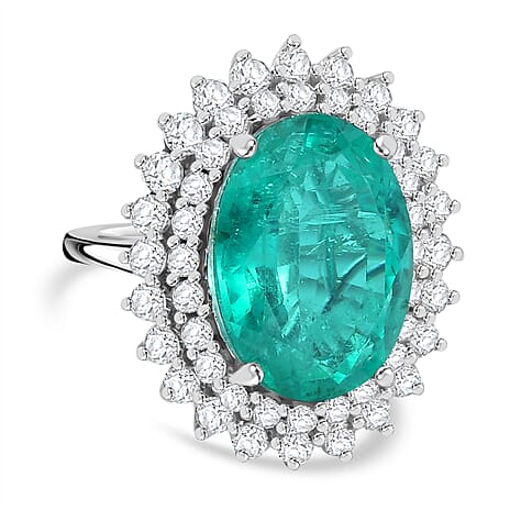 Emeraldine Quartz & White Zircon Solitaire Ring in Rhodium Overlay Sterling Silver 16.79 Ct.