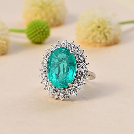Emeraldine Quartz & White Zircon Solitaire Ring in Rhodium Overlay Sterling Silver 16.79 Ct.