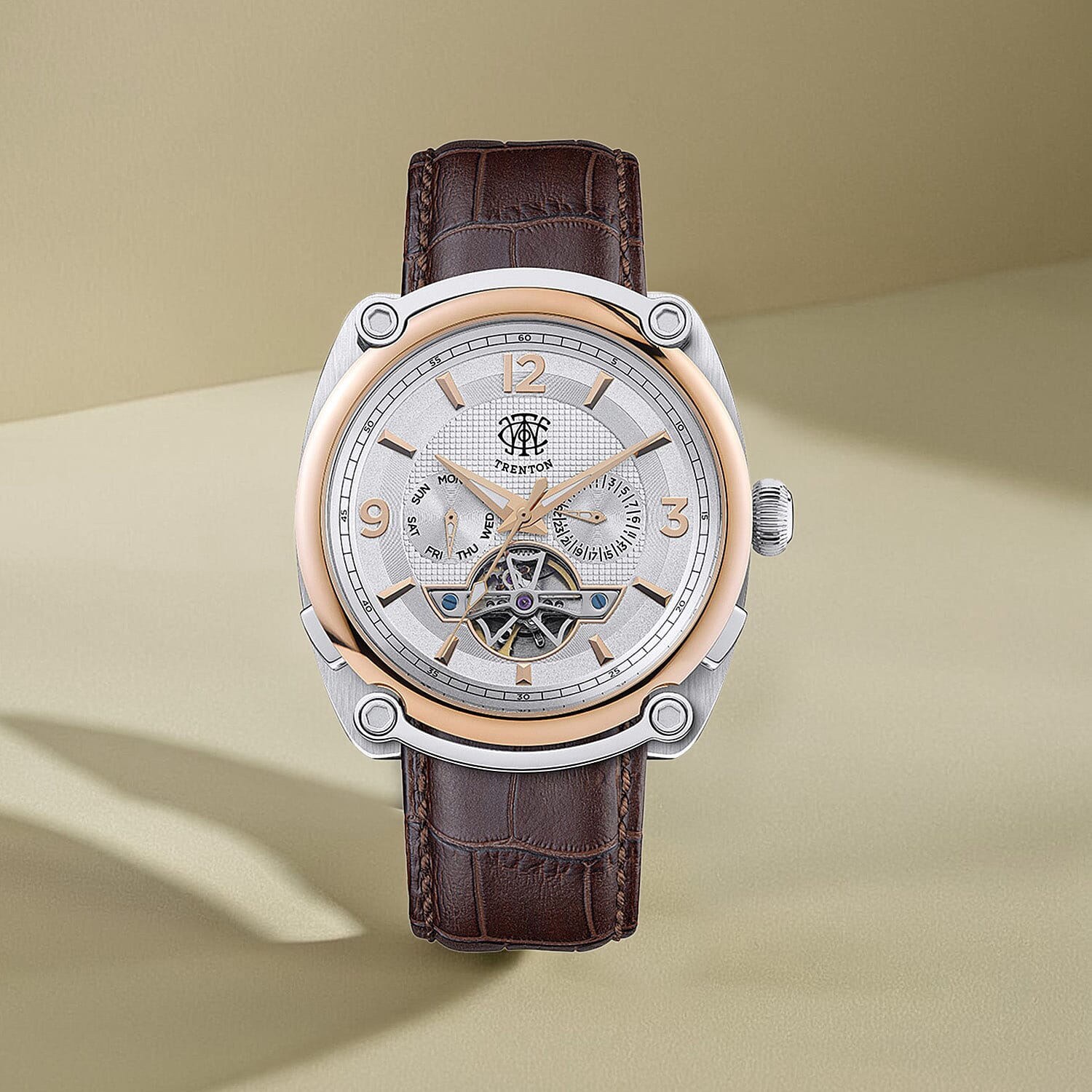 Mens Trenton The Michigan Automatic Open Heart Watch with a Brown Leather Strap