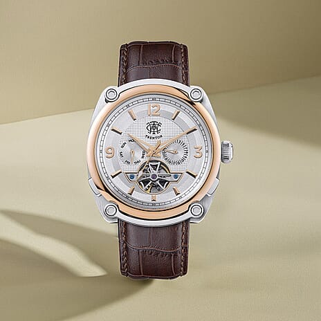 Trenton The Michigan Automatic Movt. 5ATM WR Silver Dial Mens Watch with Brown Leather Strap with Complimentary Gammon EDP