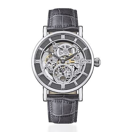 New Collection - Trenton The Herald Automatic Movt. 5ATM WR Silver DIal Mens Watch with Grey Leather Strap