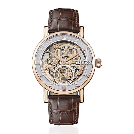 New Collection - Trenton The Herald Automatic Movt. 5ATM WR Silver DIal Mens Watch with Brown Leather Strap