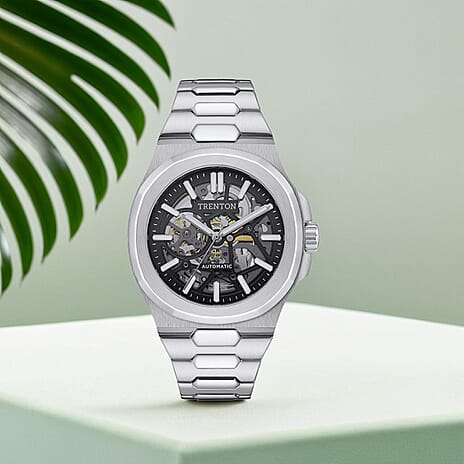 New Collection - Trenton The Catalina Automatic Mens Watch with Black Skeleton Dial and Stainless Steel Bracelet