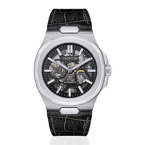 New Collection - Trenton The Catalina Automatic Mens Watch with Black Skeleton Dial and Black Leather Strap