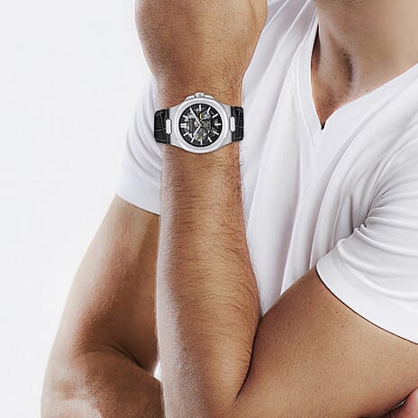 New Collection - Trenton The Catalina Automatic Mens Watch with Black Skeleton Dial and Black Leather Strap