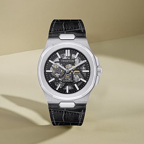 New Collection - Trenton The Catalina Automatic Mens Watch with Black Skeleton Dial and Black Leather Strap