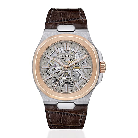 New Collection - The Catalina Automatic Mens Watch with Grey Skeleton Dial and Brown Leather Strap