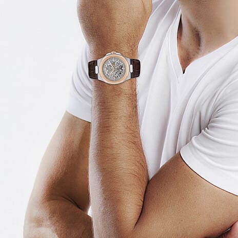 New Collection - The Catalina Automatic Mens Watch with Grey Skeleton Dial and Brown Leather Strap