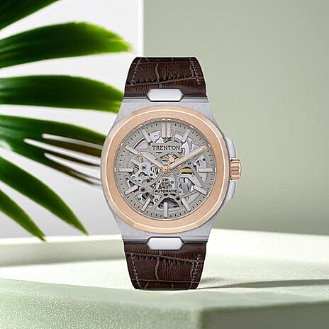 New Collection - The Catalina Automatic Mens Watch with Grey Skeleton Dial and Brown Leather Strap