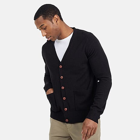 BRAVESOUL Mens Classic Wood Button-Up Y-Neck Cardigan (Size L) - Jet Black