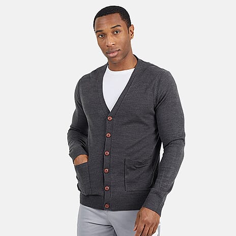 BRAVESOUL Mens Classic Wood Button-Up Y-Neck Cardigan (Size M) - Dark Charcoal