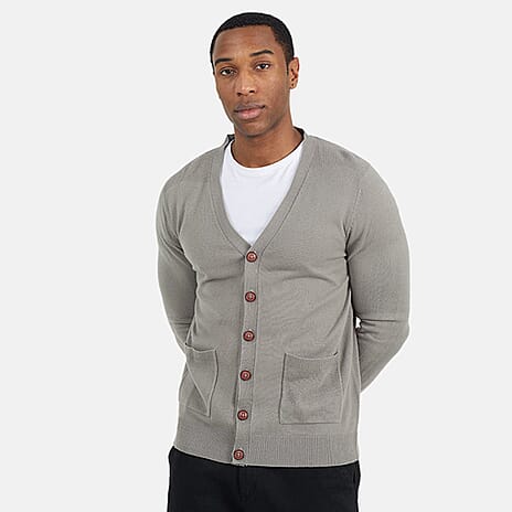 BRAVESOUL Mens Classic Wood Button-Up V-Neck Cardigan (Size M) - Solid Grey