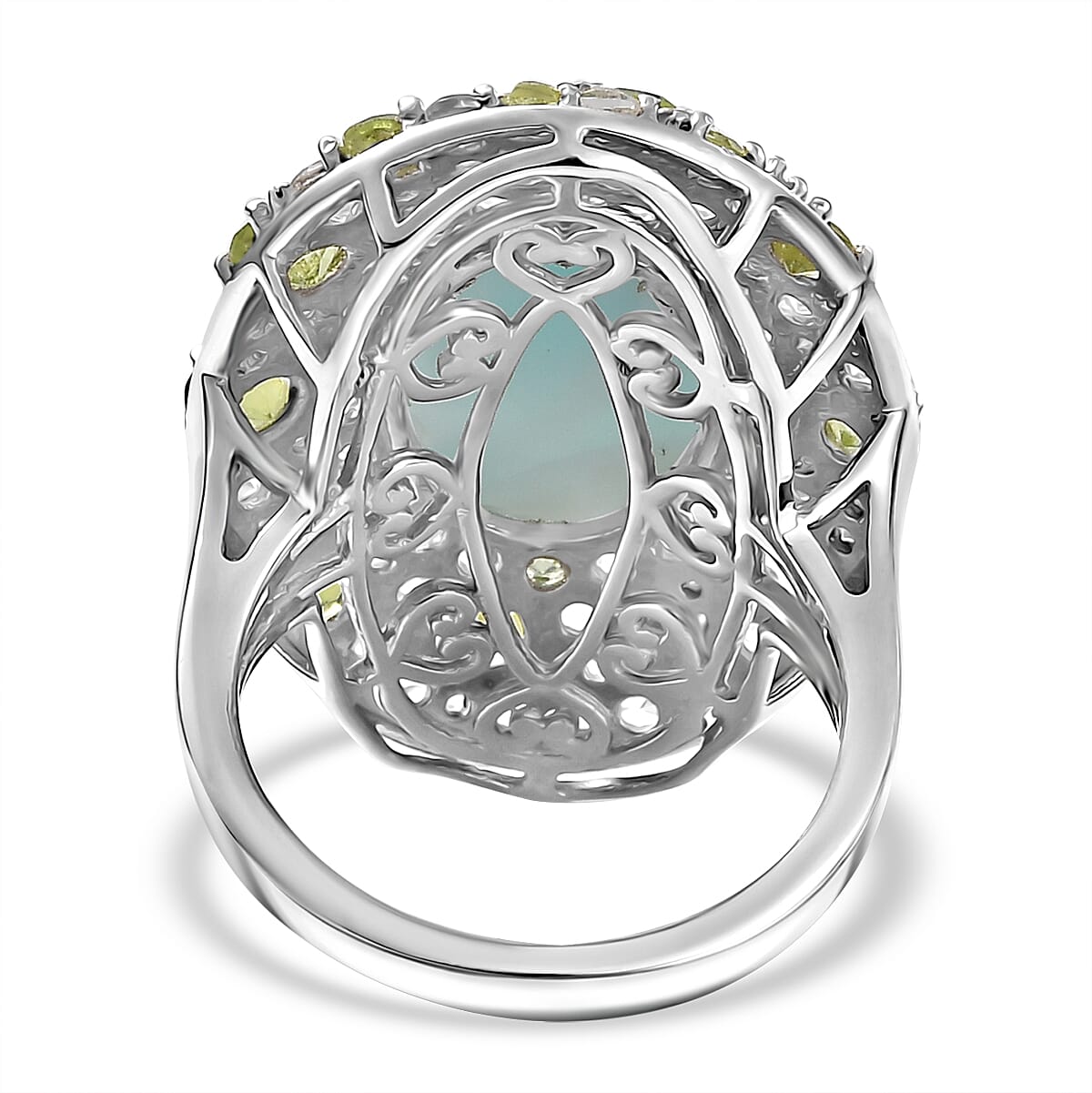 Natural Teal Green Larimar and Natural Peridot & White Zircon Ring in Rhodium Overlay Sterling Silver 11.24 Ct. Natural Teal Green Larimar and Natural Peridot & White Zircon Ring in Rhodium Overlay Sterling Silver 11.24 Ct.