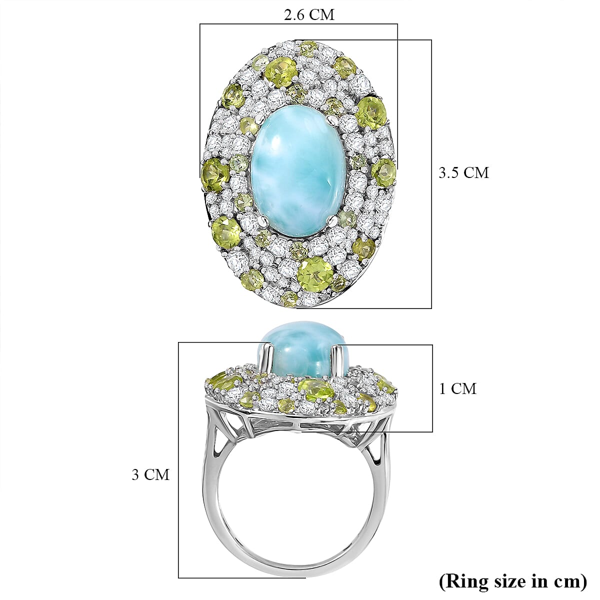 Natural Teal Green Larimar and Natural Peridot & White Zircon Ring in Rhodium Overlay Sterling Silver 11.24 Ct. Natural Teal Green Larimar and Natural Peridot & White Zircon Ring in Rhodium Overlay Sterling Silver 11.24 Ct.