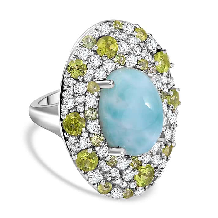 Natural Teal Green Larimar, Natural Peridot and White Zircon Halo Ring in Rhodium Overlay Sterling Silver 11.24 Cts.