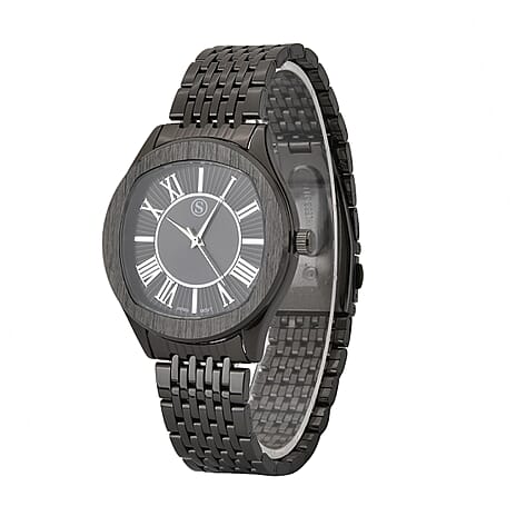 STRADA Japanese Movement Water Resistant Black Sunshine Hydraulic Dial Watch with Black Color Stainless Steel Strap