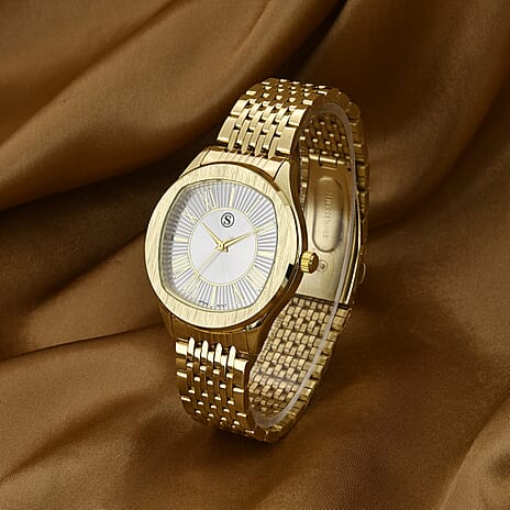 STRADA PC21S Japanese Movement Water Resistant White Sunshine Hydraulic Dial Watch with Gold Color Stainless Steel Strap