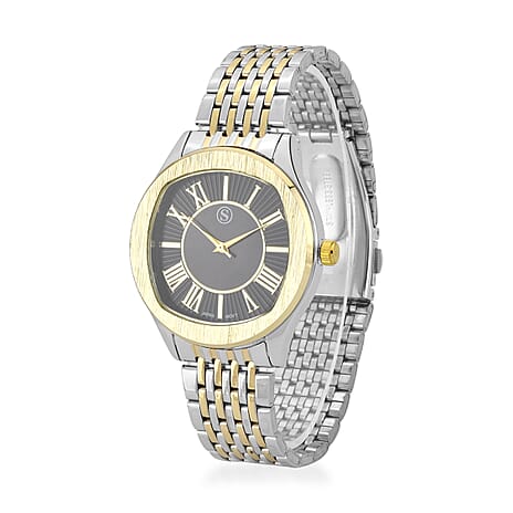 STRADA Japanese Movement Water Resistant Black Sunshine Hydraulic Dial Watch with Two-Tone Stainless Steel Strap