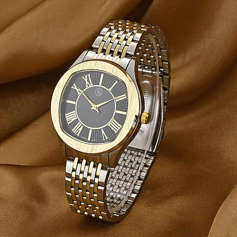 STRADA Japanese Movement Water Resistant Black Sunshine Hydraulic Dial Watch with Two-Tone Stainless Steel Strap