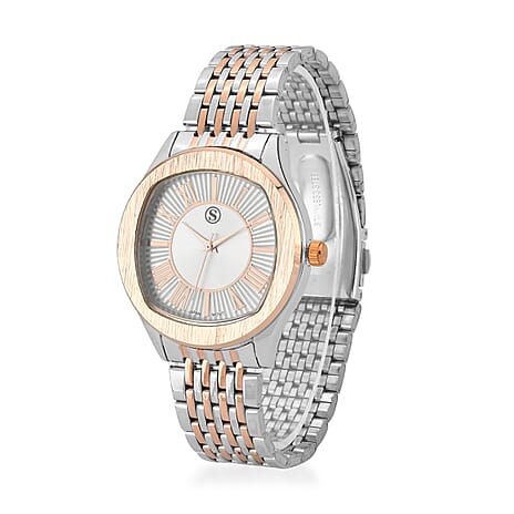 STRADA Japanese Movement Water Resistant White Sunshine Hydraulic Dial Watch with Two-Tone Stainless Steel Strap