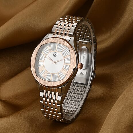 STRADA Japanese Movement Water Resistant White Sunshine Hydraulic Dial Watch with Two-Tone Stainless Steel Strap