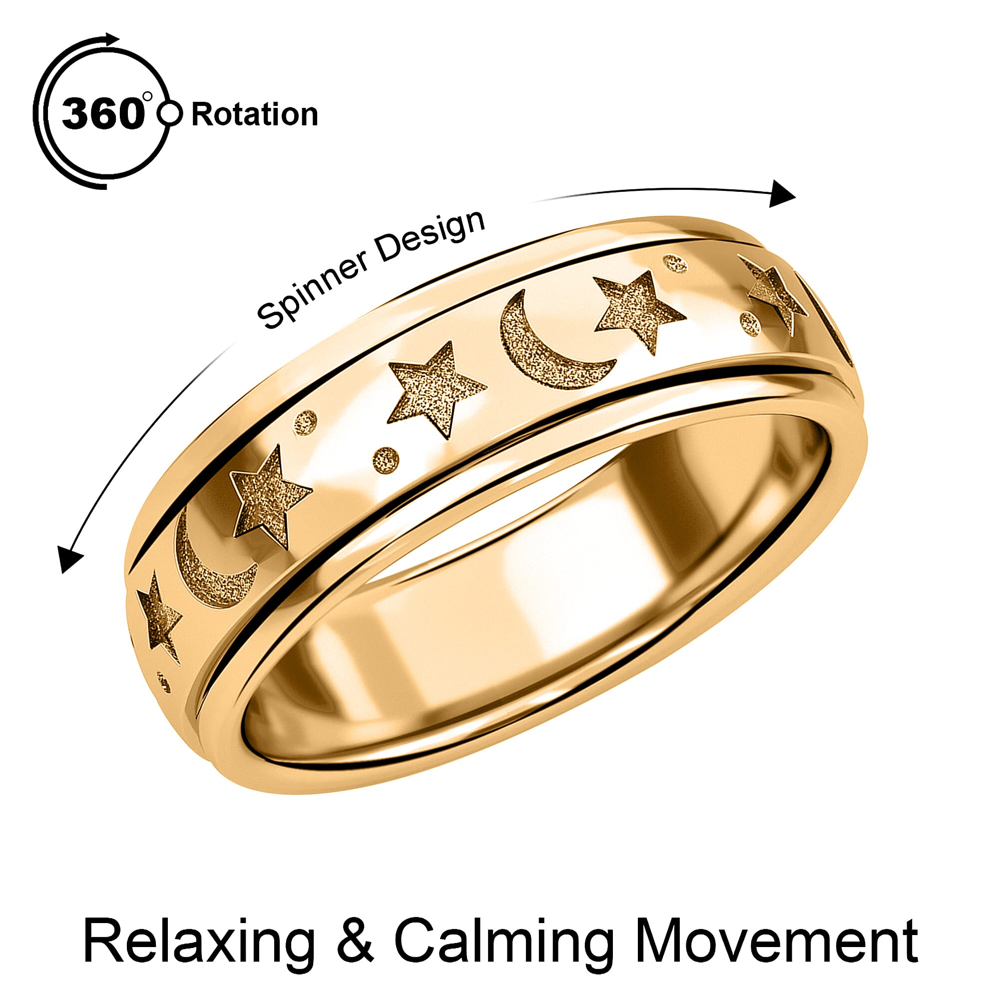 18K Vermeil Yellow Gold Plated Sterling Silver Star and Moon Spinner Ring