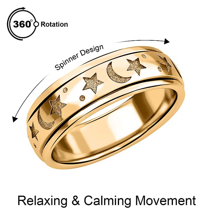 18K Vermeil Yellow Gold Plated Sterling Silver Star and Moon Spinner Ring