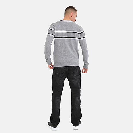 Mens Crew Neck Jumper With Structure Knit Panels - Grey