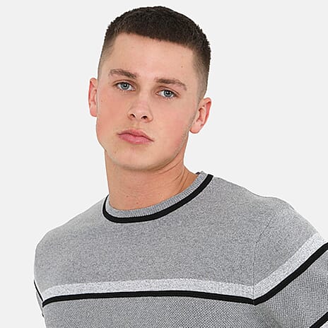 Mens Crew Neck Jumper With Structure Knit Panels - Grey