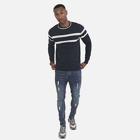 Mens Crew Neck Jumper With Structure Knit Panels - Navy