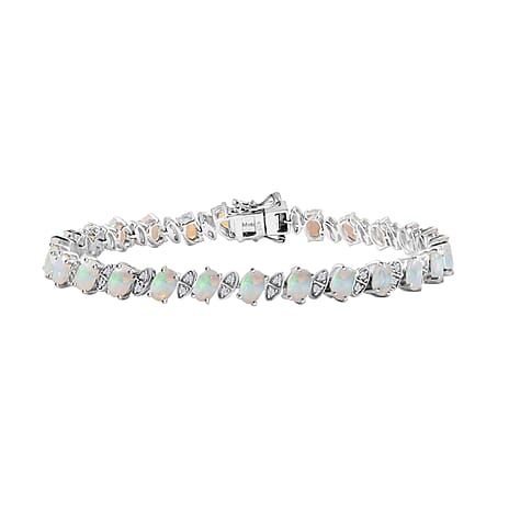 Ethiopian Opal & Natural Zircon Bracelet 1 Row (Size - 8) with GB Lock Box in Rhodium Overlay Sterling Silver 8.01 Ct, Silver Wt. 12.46 Gms