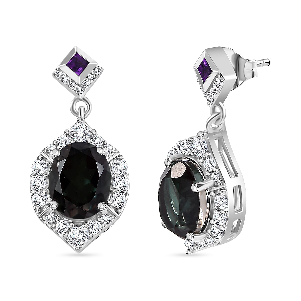 Alexandrite Triplet Quartz, White Zircon & African Amethyst Dangling Earrings with Push Back in Rhodium Overlay Sterling Silver 5.27 Ct.
