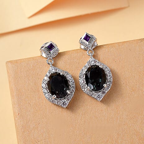 Alexandrite Triplet Quartz, White Zircon & African Amethyst Dangling Earrings with Push Back in Rhodium Overlay Sterling Silver 5.27 Ct.