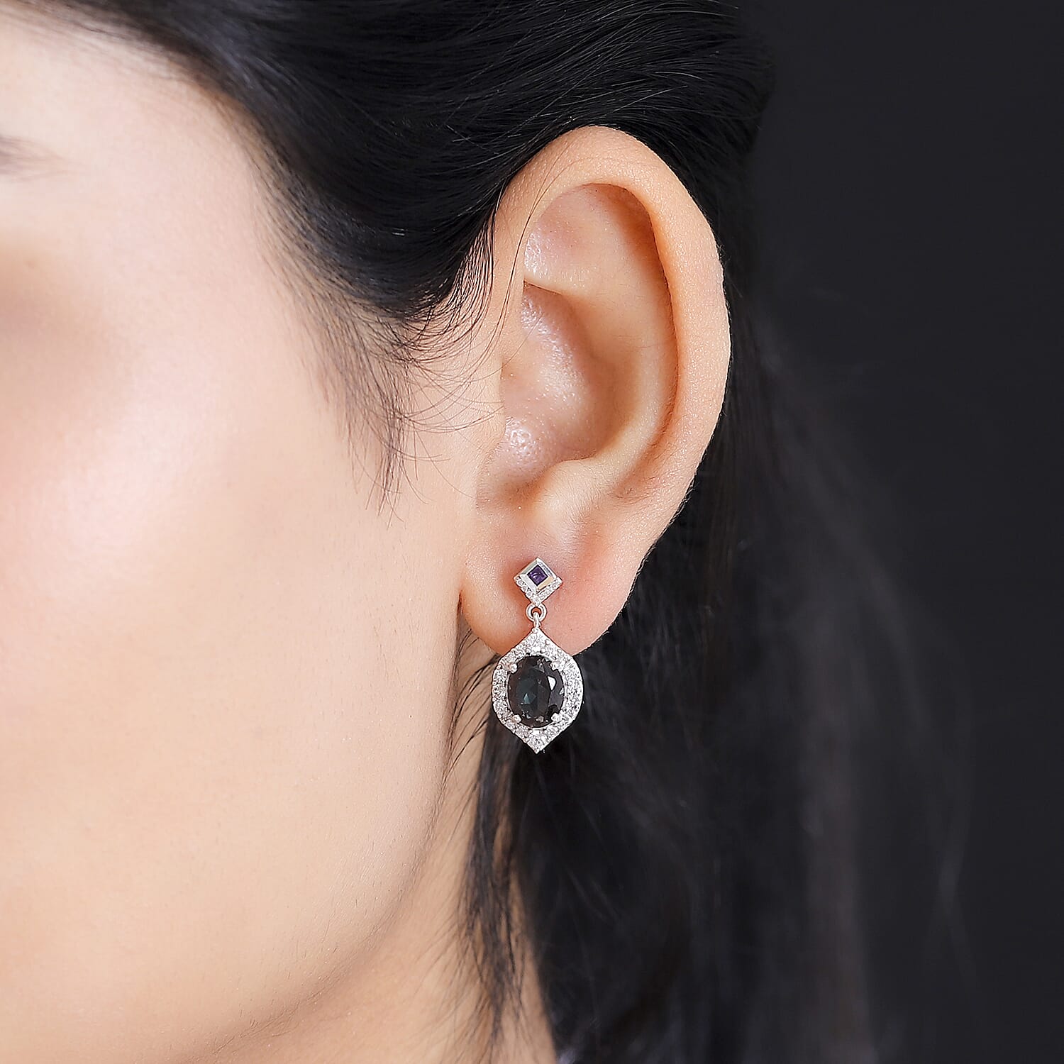 Alexandrite Triplet Quartz, White Zircon & African Amethyst Dangling Earrings with Push Back in Rhodium Overlay Sterling Silver 5.27 Ct.