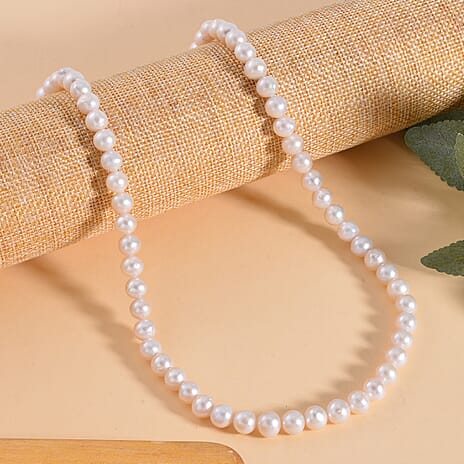 AAA White Anuhi Pearl Necklace With Magnetic Clasp (Size - 20) in Rhodium Overlay Sterling Silver