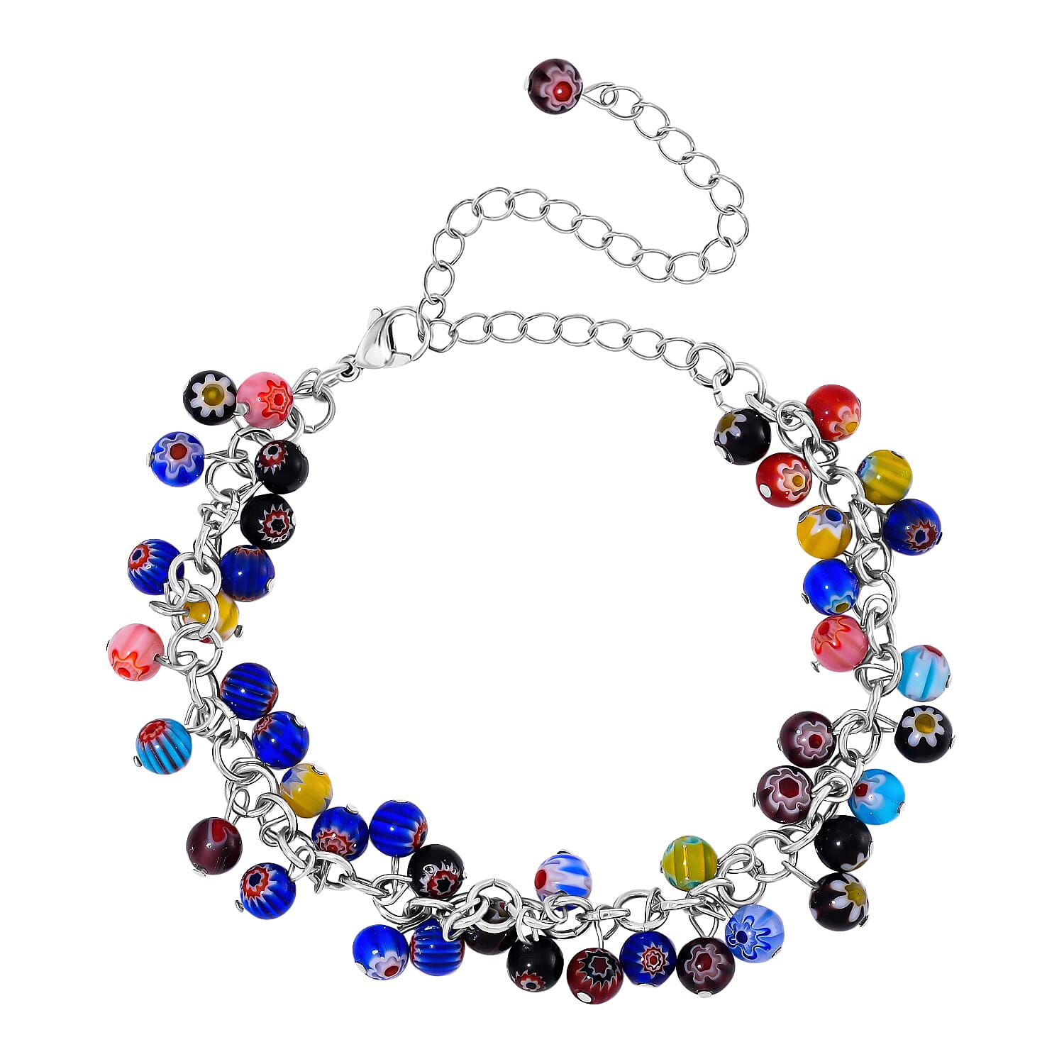 Multi Color Murano Glass Bracelet in White Tone (Size7.5-4 Ext)    60.0 Ct