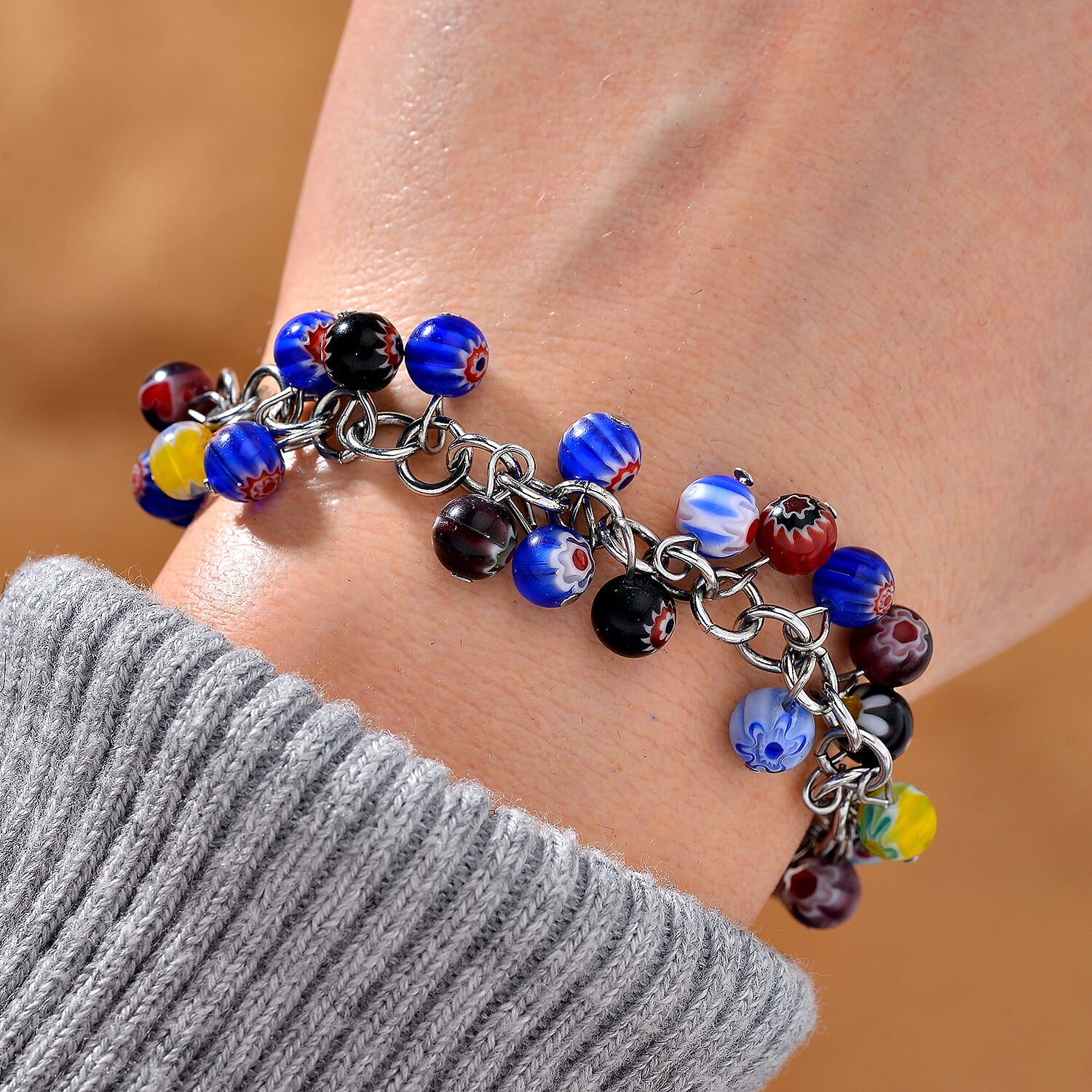 Multi Color Murano Glass Bracelet in White Tone (Size7.5-4 Ext)    60.0 Ct