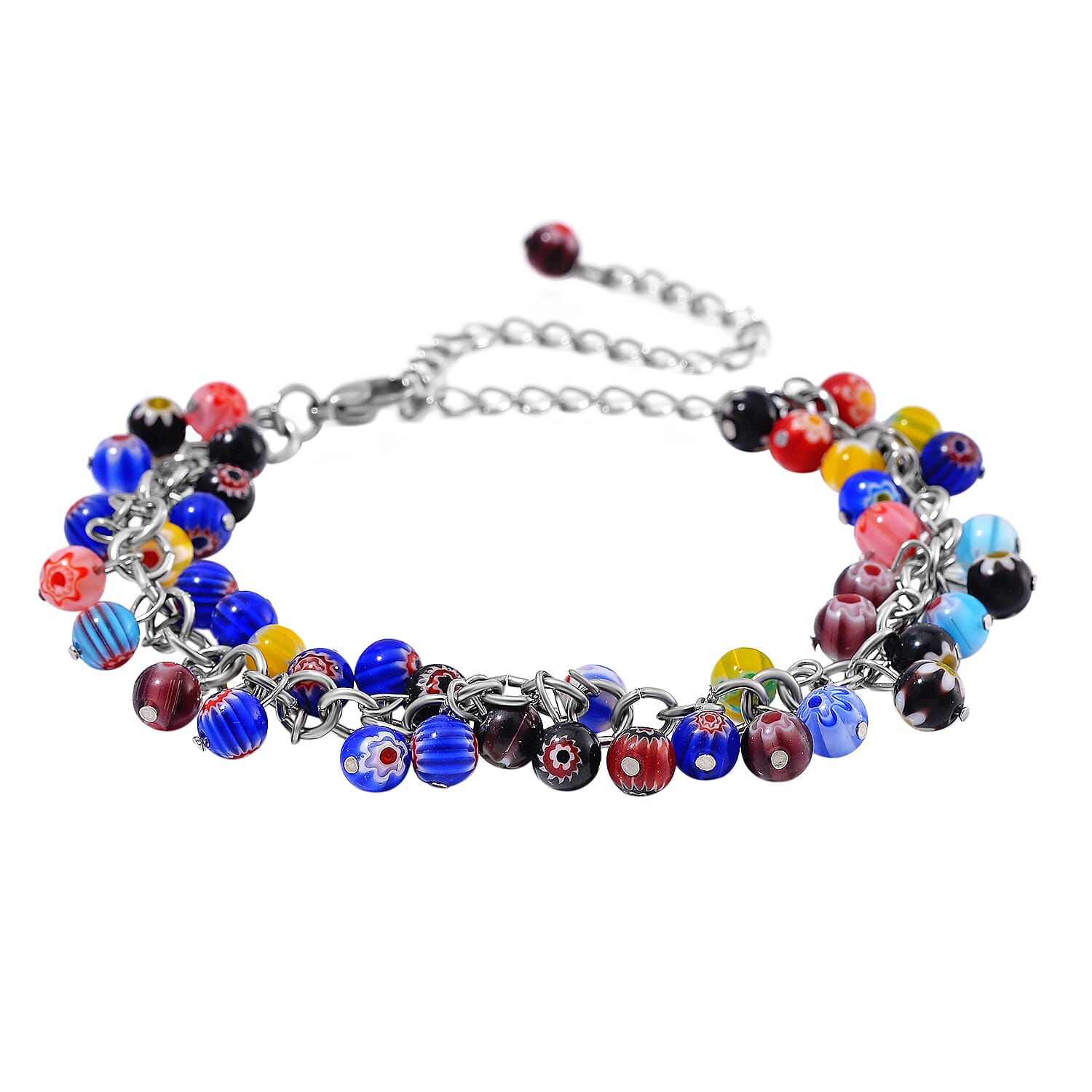 Multi Color Murano Glass Bracelet in White Tone (Size7.5-4 Ext)    60.0 Ct