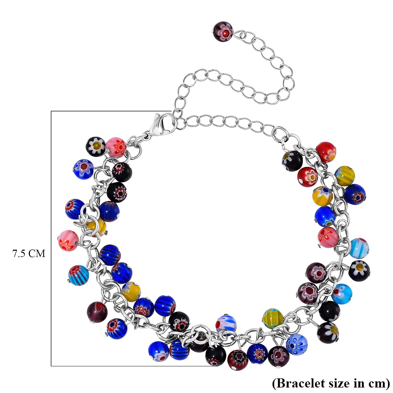 Multi Color Murano Glass Bracelet in White Tone (Size7.5-4 Ext)    60.0 Ct