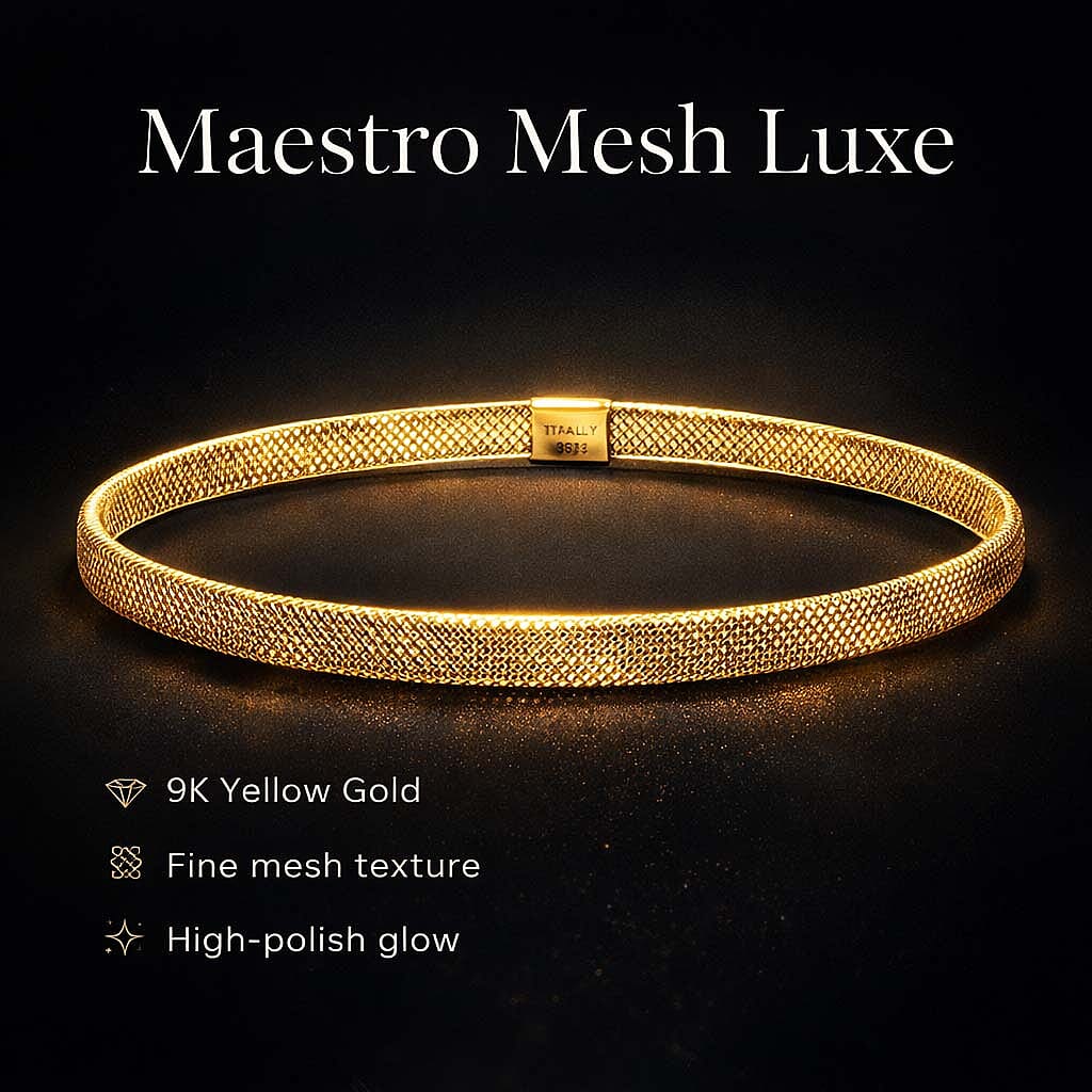 Maestro Collection - 9K Yellow Gold Adjustable Mesh Bangle (Size-7.5)
