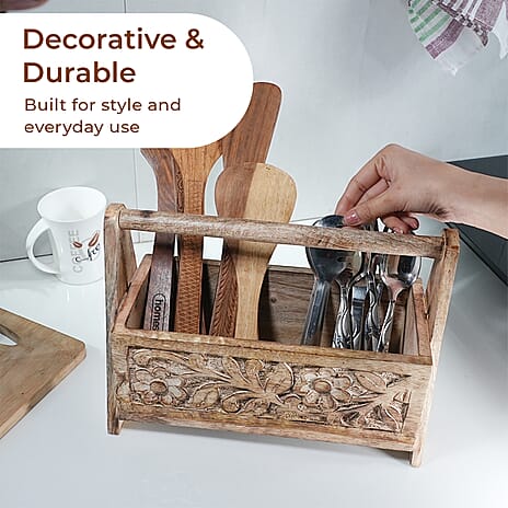 Wooden Carved Caddy 30 X 13.5 X 21.5 CM
