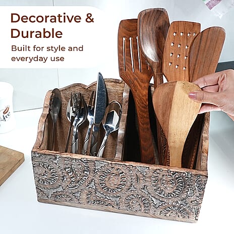 Wooden Carved Caddy 30.5 X 13 X 22 CM