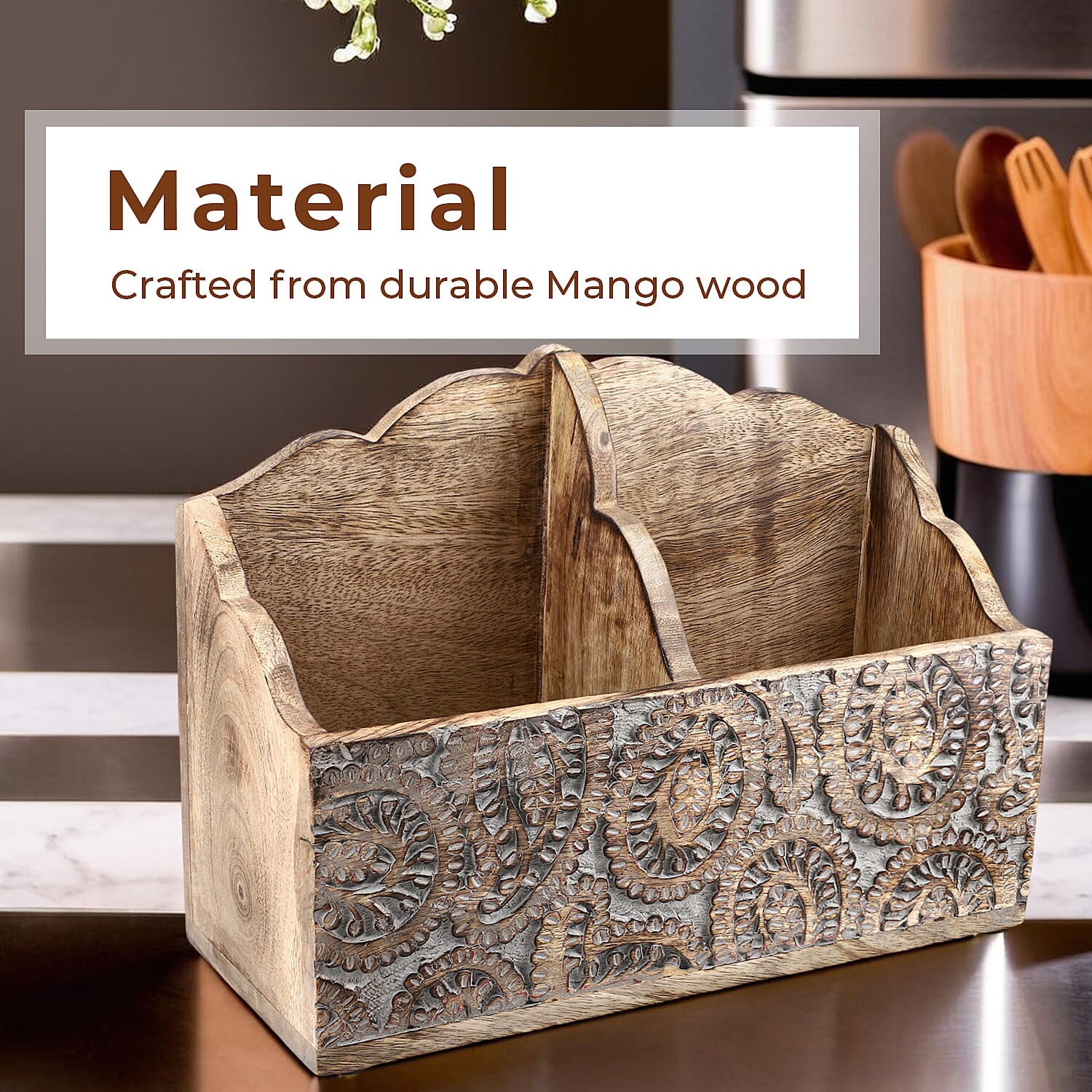 Wooden Carved Caddy 30.5 X 13 X 22 CM Wooden Carved Caddy 30.5 X 13 X 22 CM