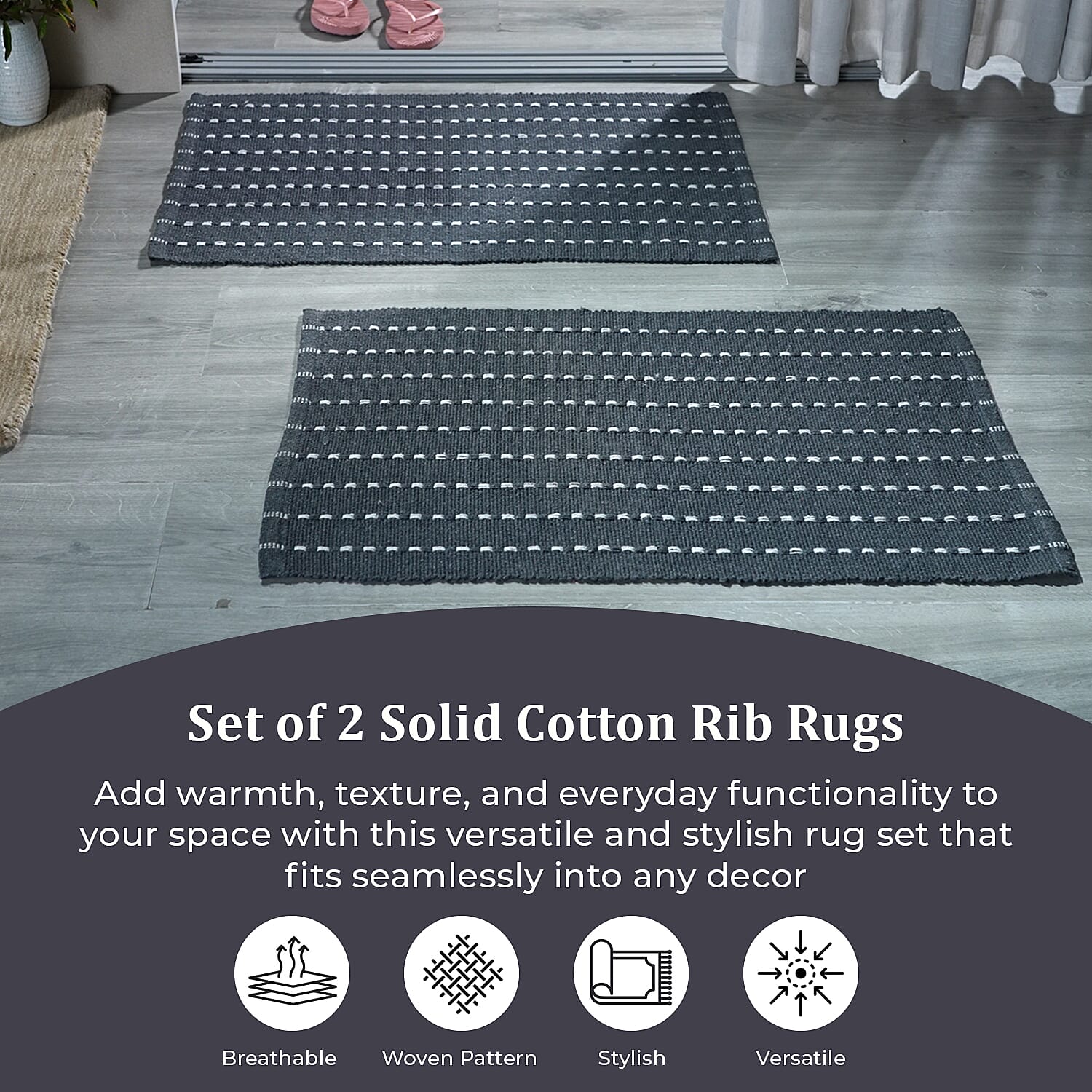 Set of 2 - Cotton Rugs- Door Mat (Size 50x80cm) - Grey